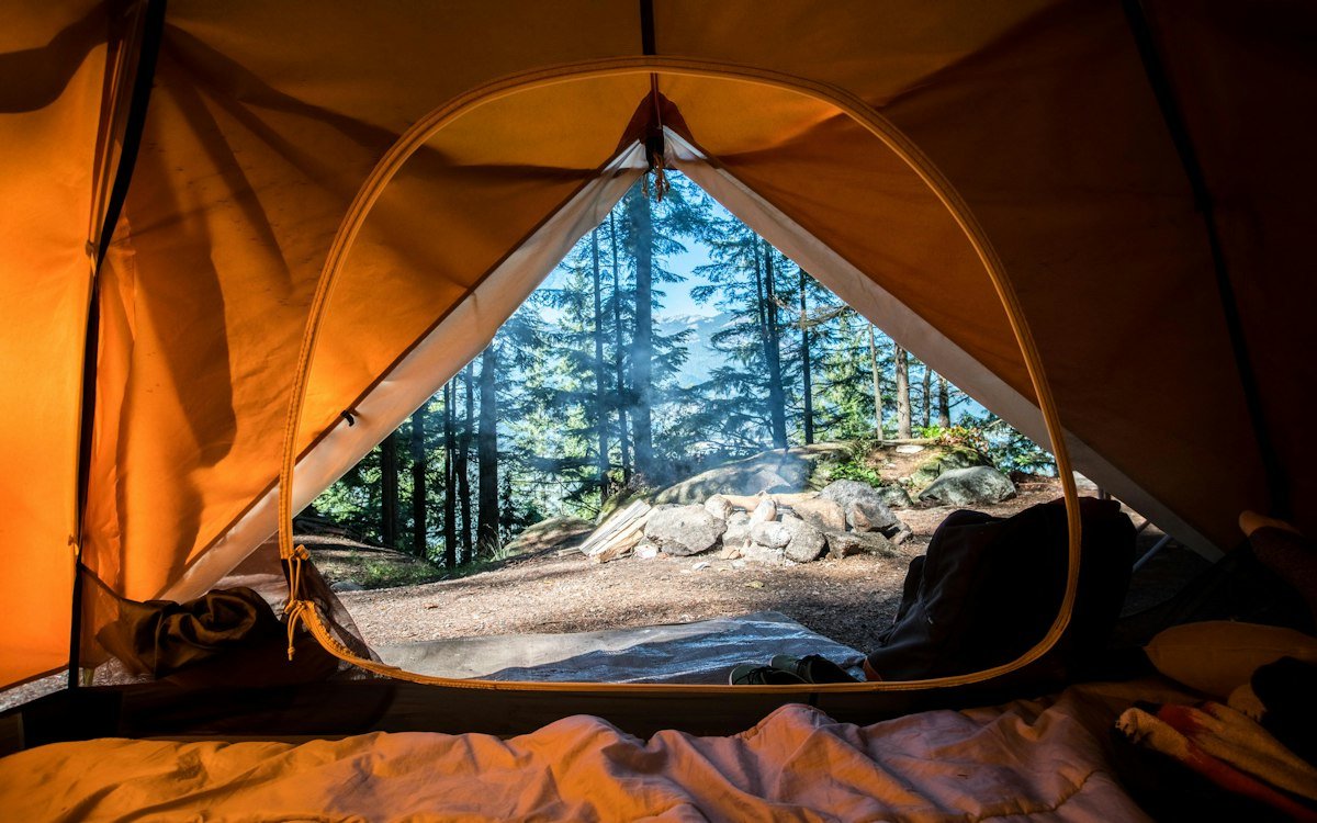 Orange camping tent near green trees